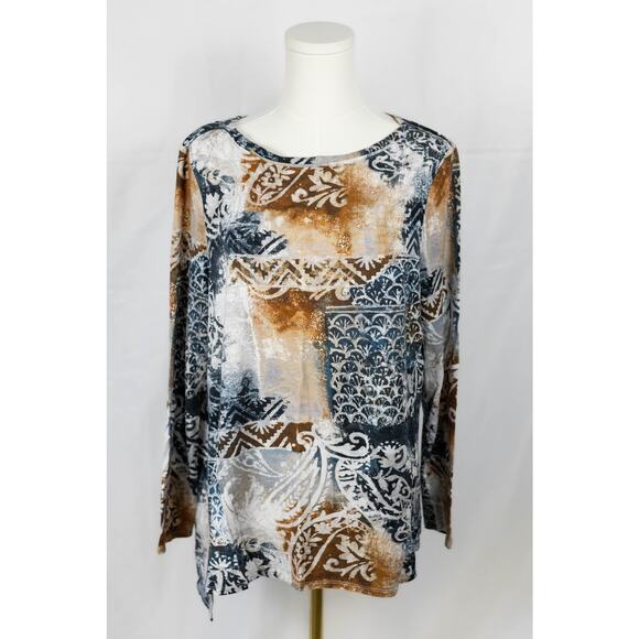 Chico's Size 2 Boho Tee Long Sleeve Lightweight Boat Neck Brown Blue - Picture 1 of 6